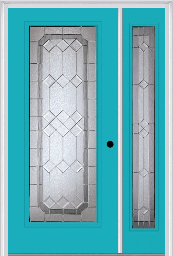 MMI Full Lite 6'8" Fiberglass Smooth Majestic Nickel Exterior Prehung Door With 1 Full Lite Majestic Nickel Decorative Glass Sidelight 686
